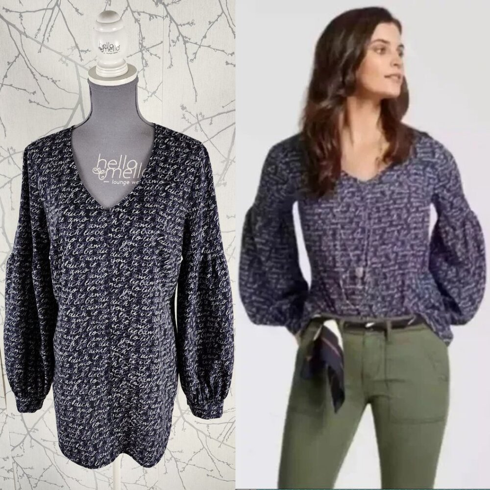 Cabi Purple Te Amo Script Printed Puff Sleeve Blouse